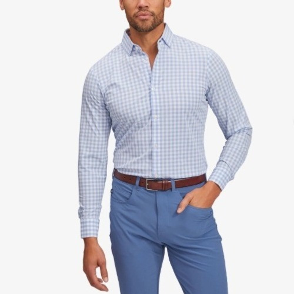 Mizzen + Main Men Large Leeward Long Sleeve Button Up Dress Shirt Blue Gingham